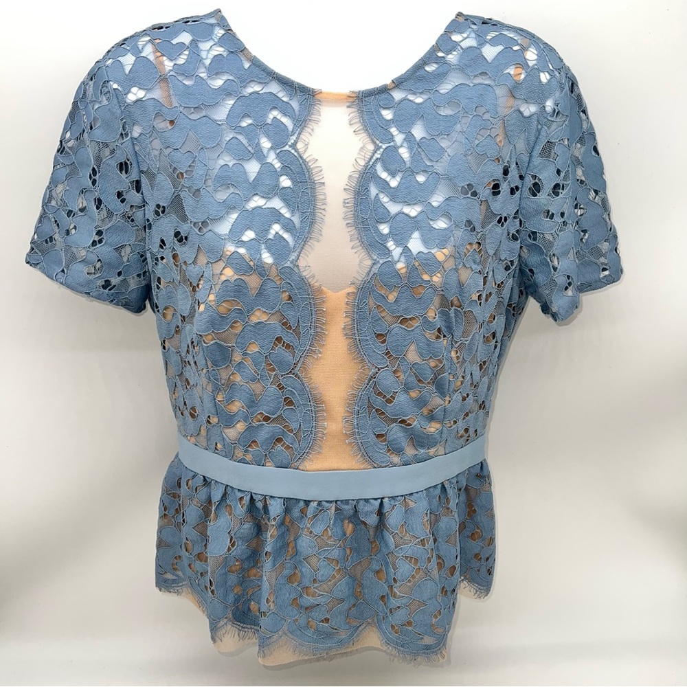 BCBGMaxAzria Women’sBlue Sheer Lace Peplum-Attached Tan Camisole Blouse-Size S